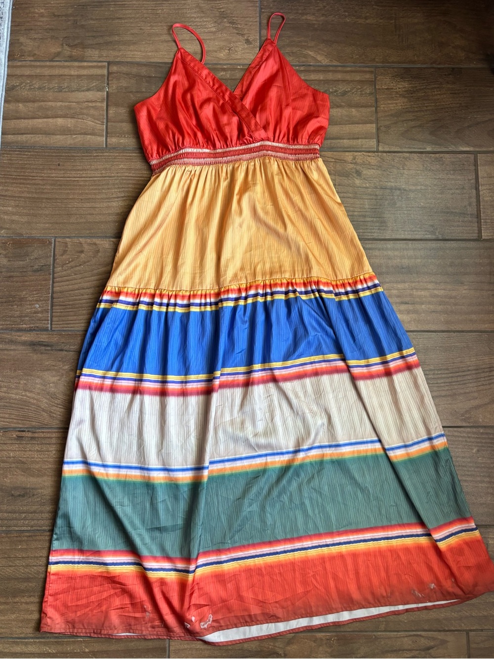 Dear John Multicolor Striped Maxi Dress Size L Boho Smocked Waist